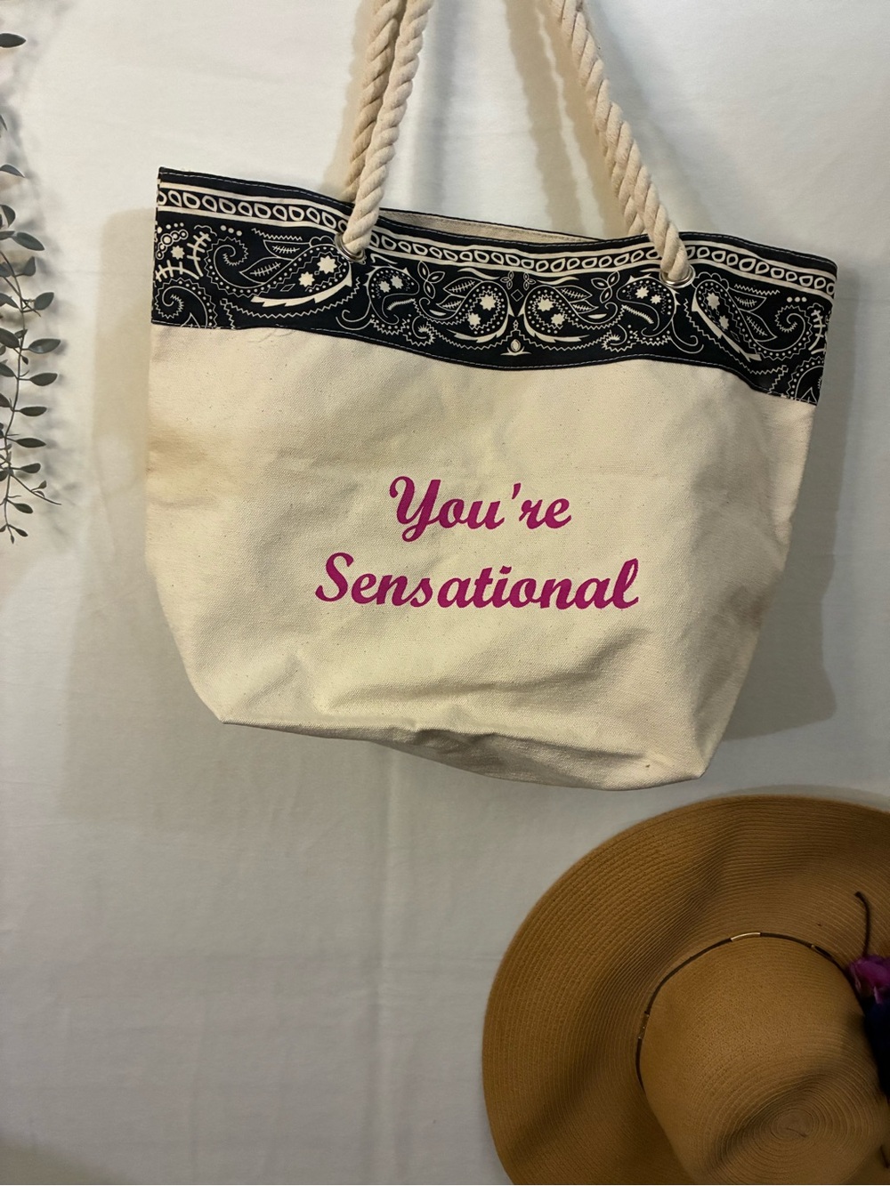 Canvas Tote Bag "You're Sensational" - Cream with navy Trim and Pink Text